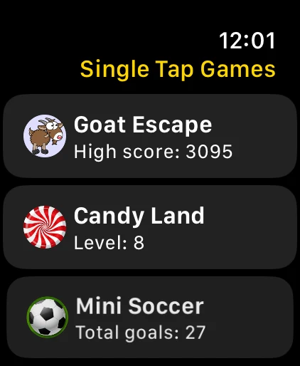Game menu with high scores on Apple Watch